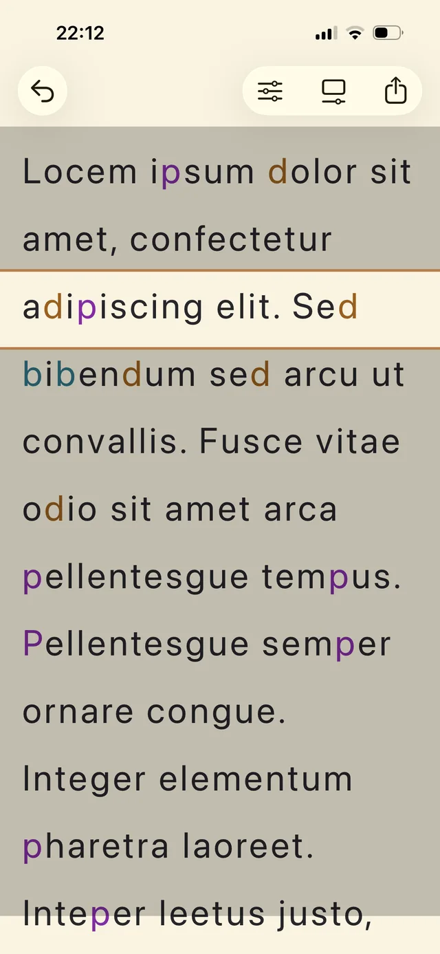 The same page reshaped by ClearPage: generous spacing, a clear typeface, and color anchors on easily-confused letters.