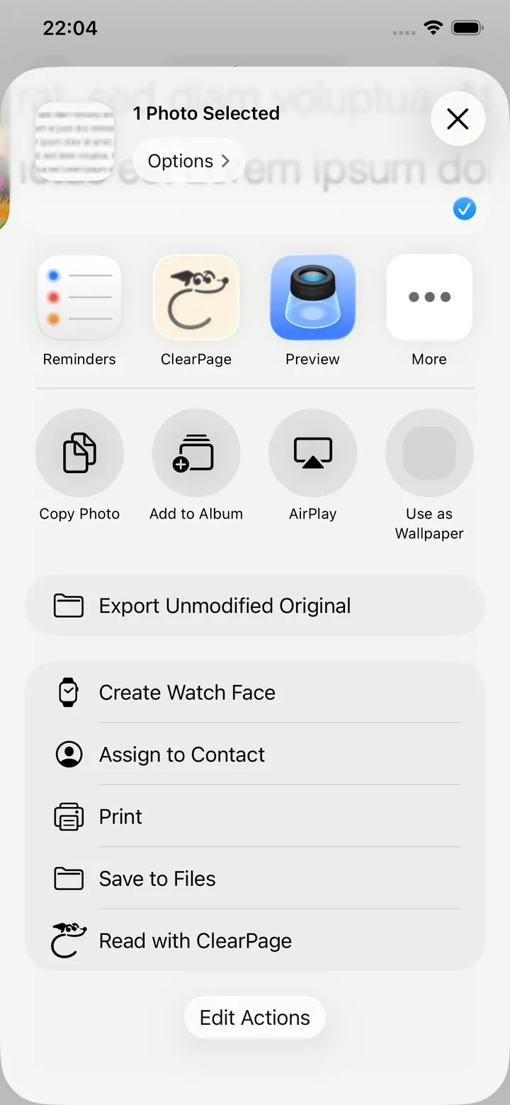The iOS share sheet showing a Read with ClearPage action