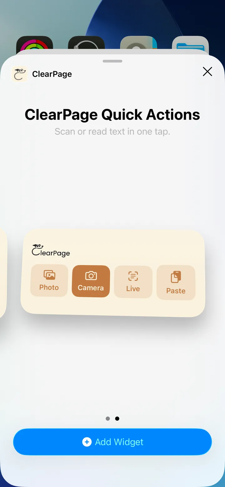 ClearPage Home Screen widget with Quick Actions for Photo, Camera, Live, and Paste