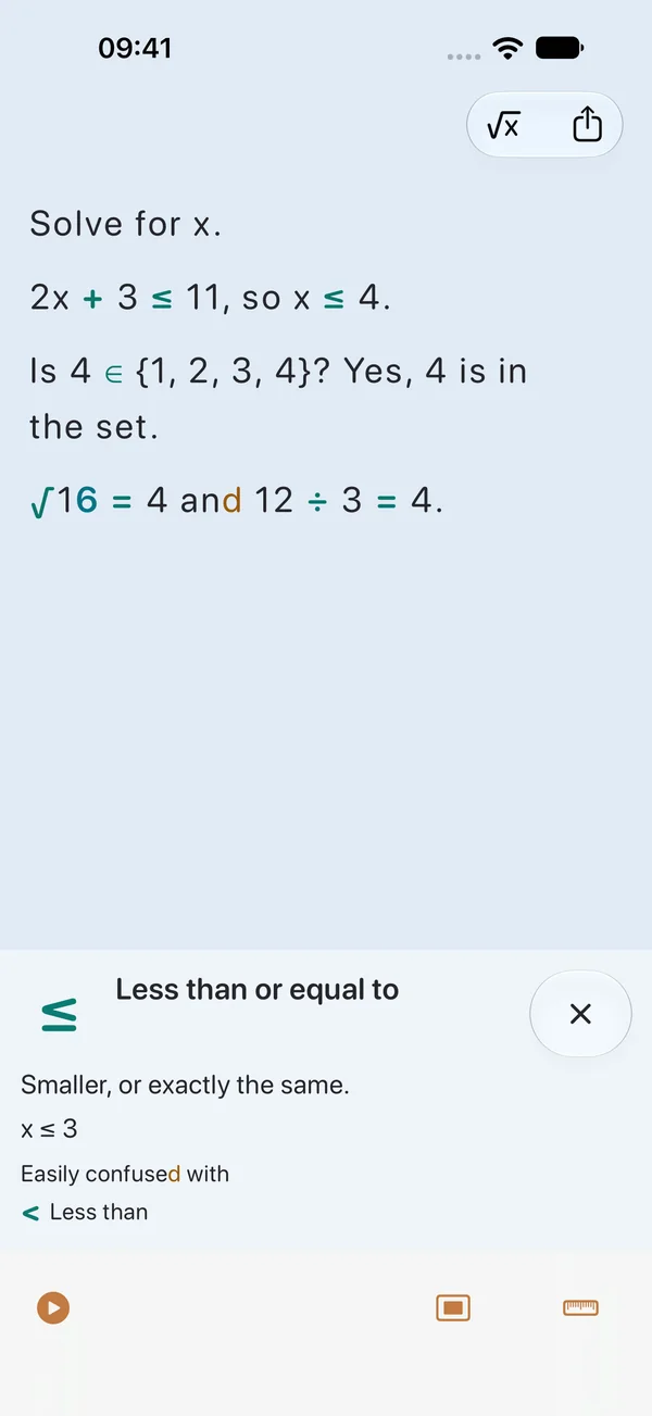 A math exercise in ClearPage with color-anchored symbols, and a card explaining that ≤ means less than or equal to.