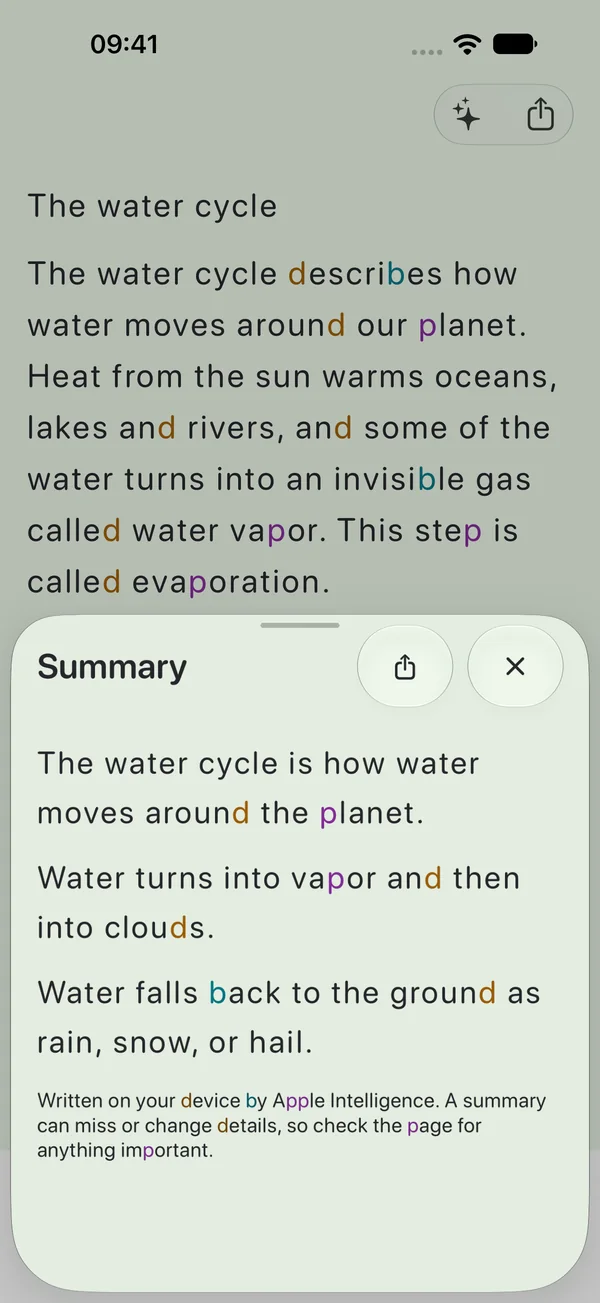 A page about the water cycle in ClearPage, with a three-sentence summary in a sheet below it.